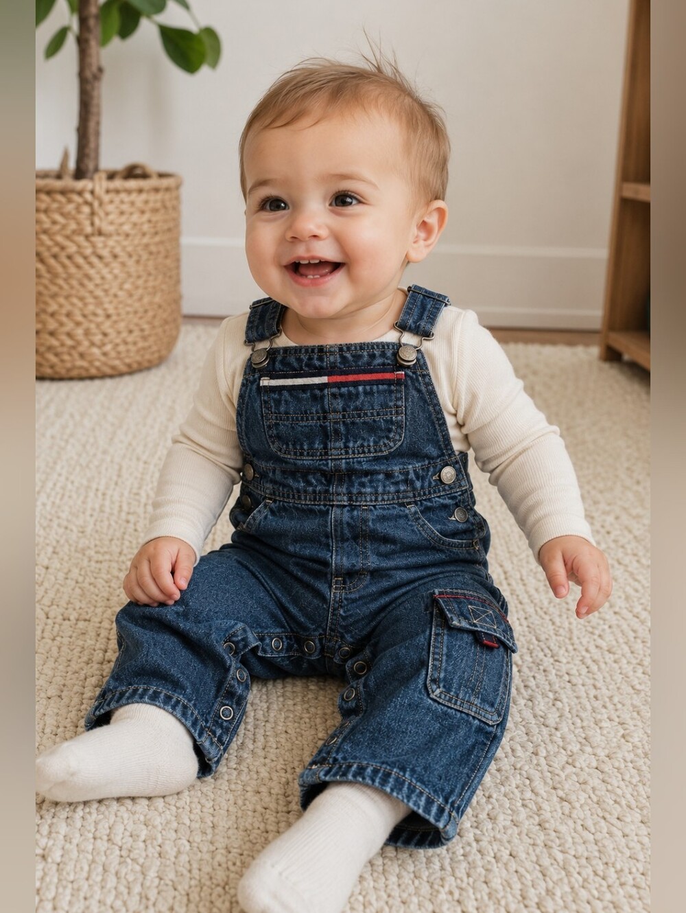 Tommy Hilfiger Vintage Denim Overalls Baby Red White Trim
